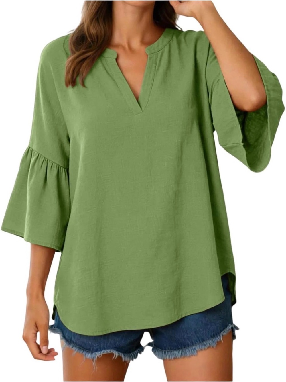 Women's V Neck Shirt Blouse 3/4 Bell Sleeve Loose Fit Casual Summer Tunic Blouse
